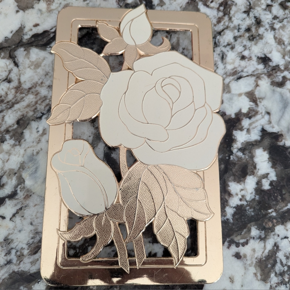 Vintage Wm a Rogers Off White Enamel Roses Brass Trivet/Wall Hanging